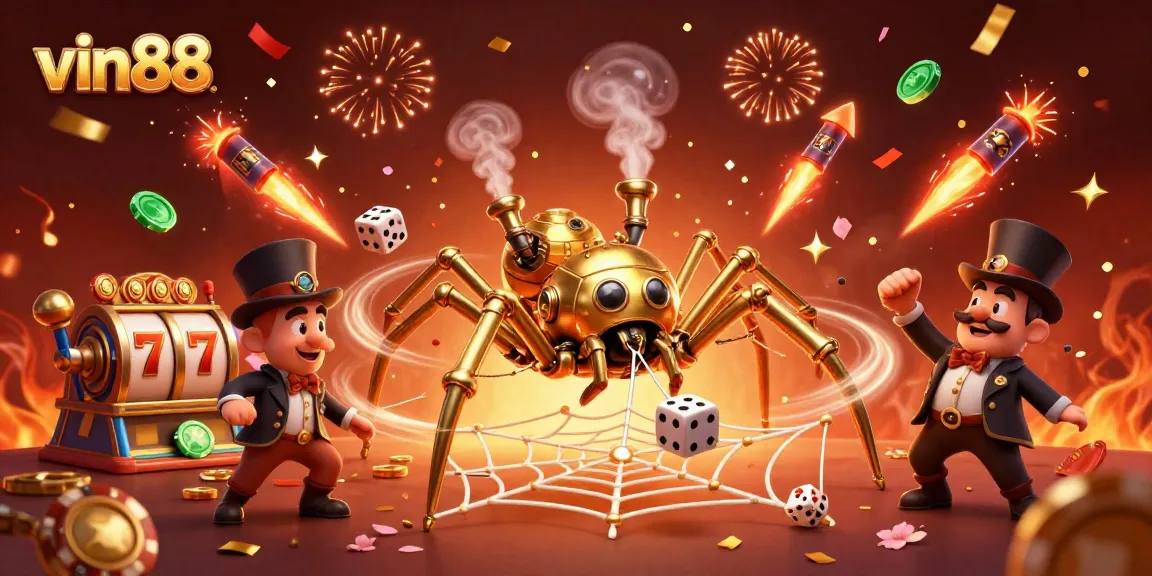Win big at vin88 with exciting slots as a steampunk golden spider catches lucky dice in a vibrant casino scene.