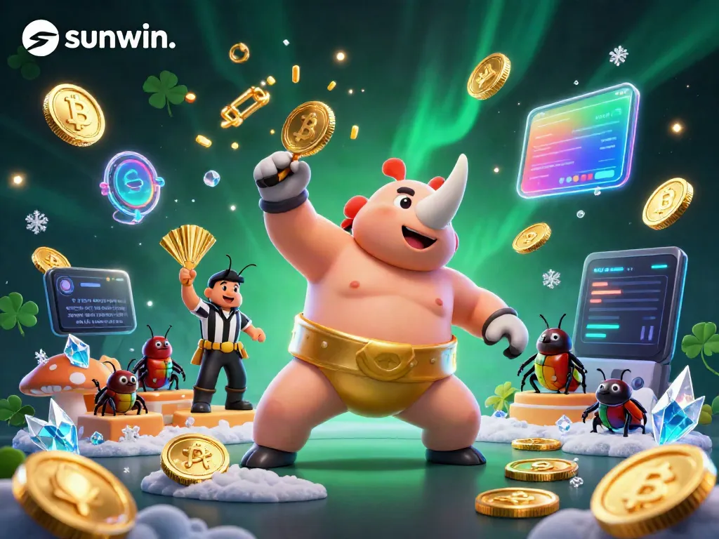 Experience wins at sunwin. with a dynamic 3D scene featuring a sumo beetle champion amidst flying coins.