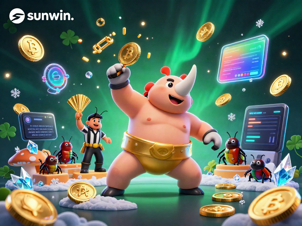 Experience wins at sunwin. with a dynamic 3D scene featuring a sumo beetle champion amidst flying coins.