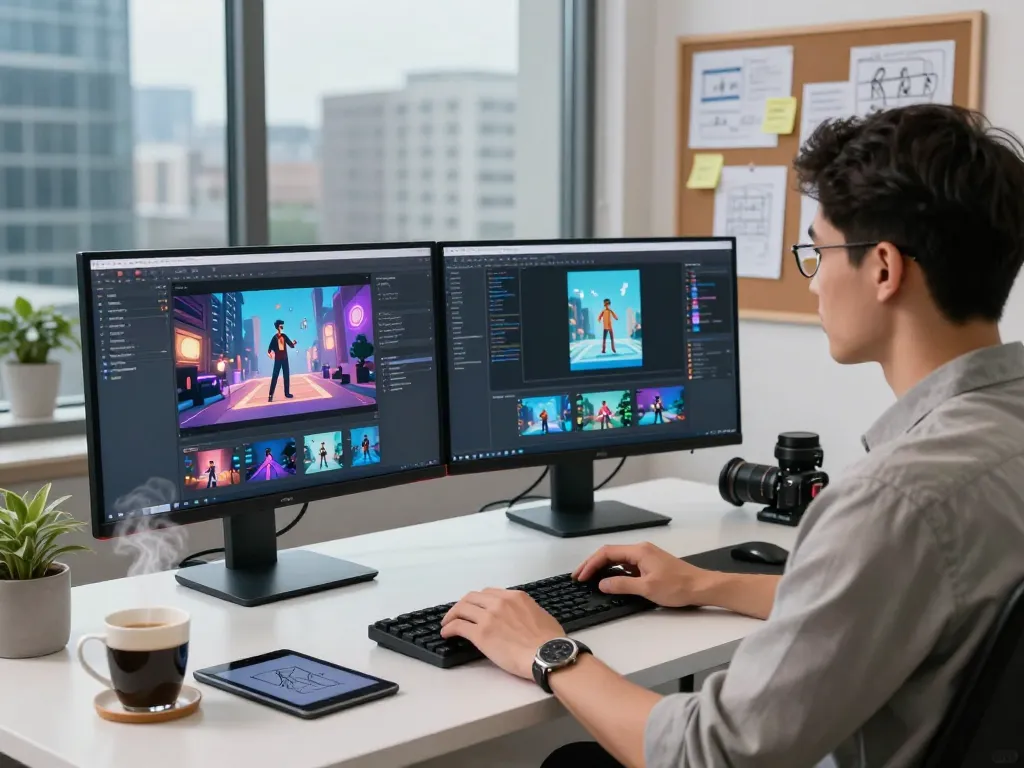 Creative workspace showcasing motion AI project with coding and video rendering tools.