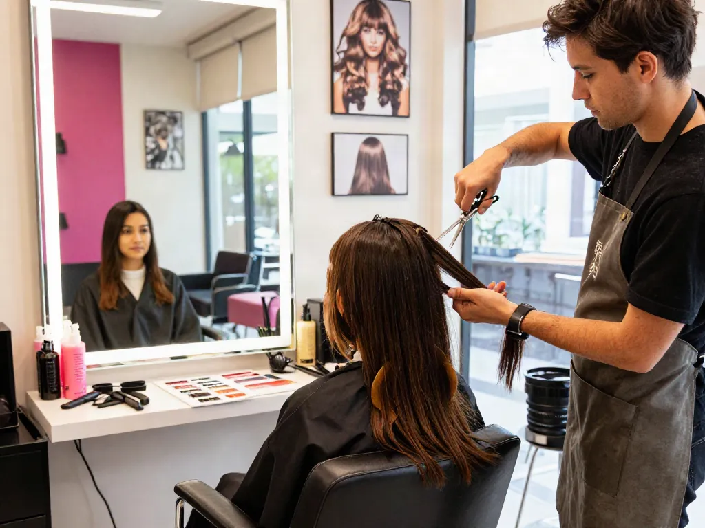 Tape-in extensions human hair application in a stylish salon with vibrant colors and professional setting.