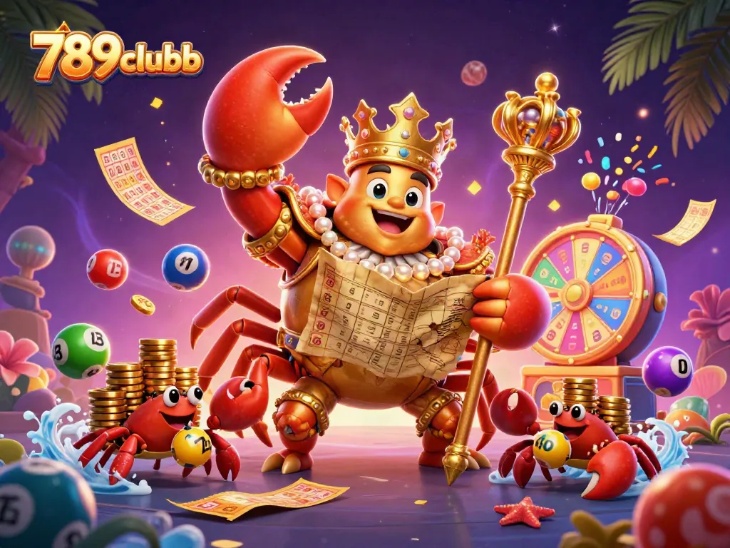Engage with 789clubb's vivid 3D casino world, featuring a golden crab emperor and dynamic lottery elements.