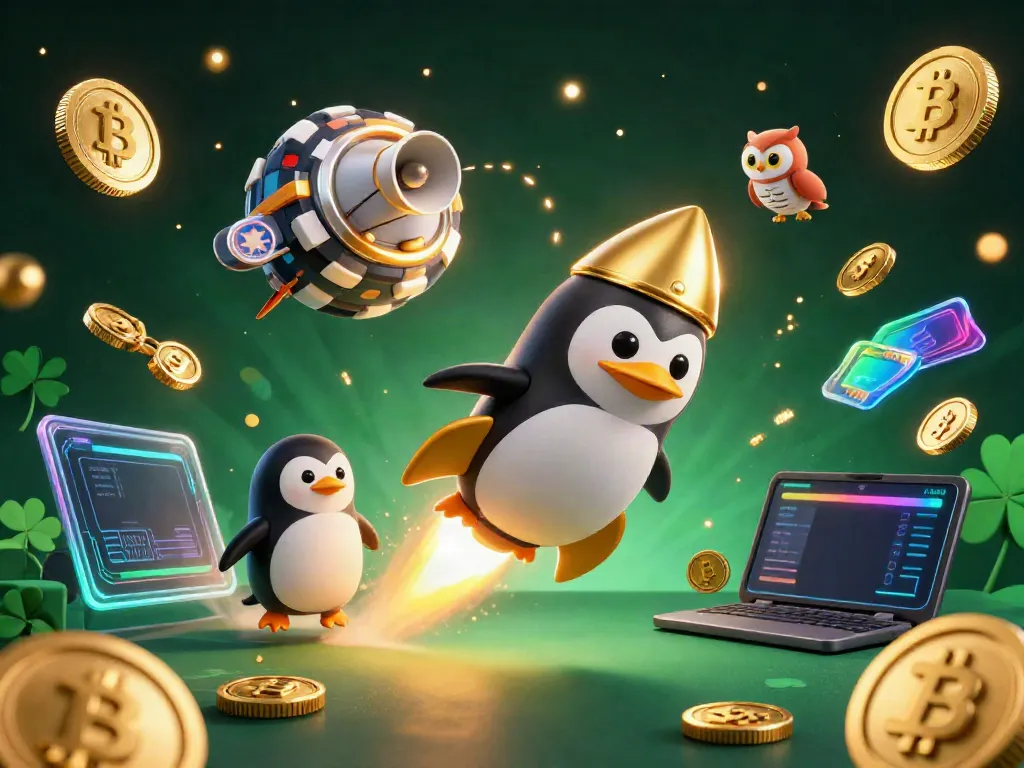 Experience the thrill of keonhacai5 as a golden penguin blasts through space towards a casino chip-inspired station.