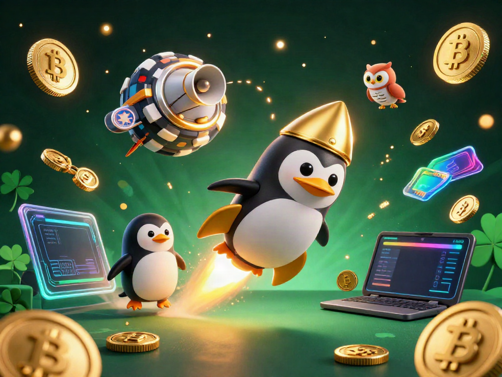 Experience the thrill of keonhacai5 as a golden penguin blasts through space towards a casino chip-inspired station.