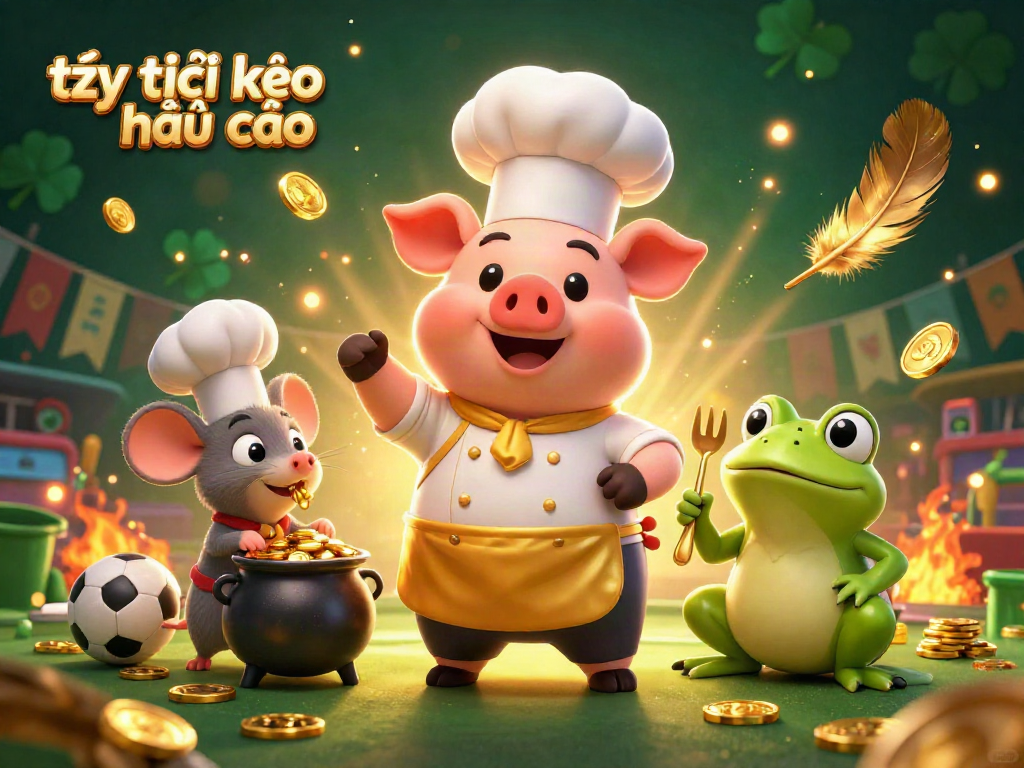 Bet on tỷ lệ kèo nhà cái with a lively scene of a chef pig, sous-chef mouse, and critic frog