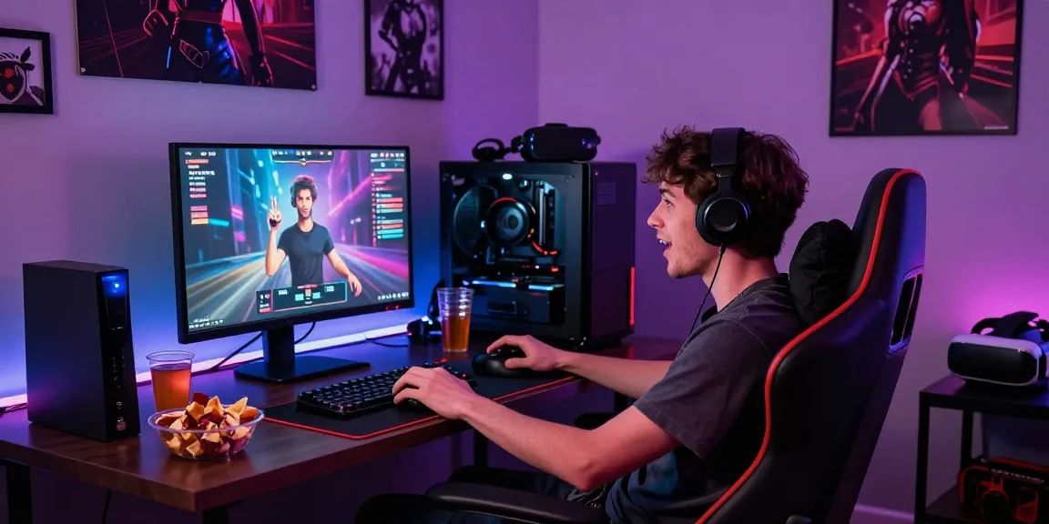 Engaging scene of playing sex games online in a cozy gaming room, showcasing gaming setup and atmosphere.