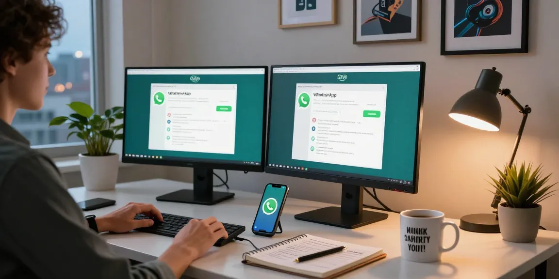 Engaged user working on WhatsApp電腦版 in a modern home office with vibrant setup.
