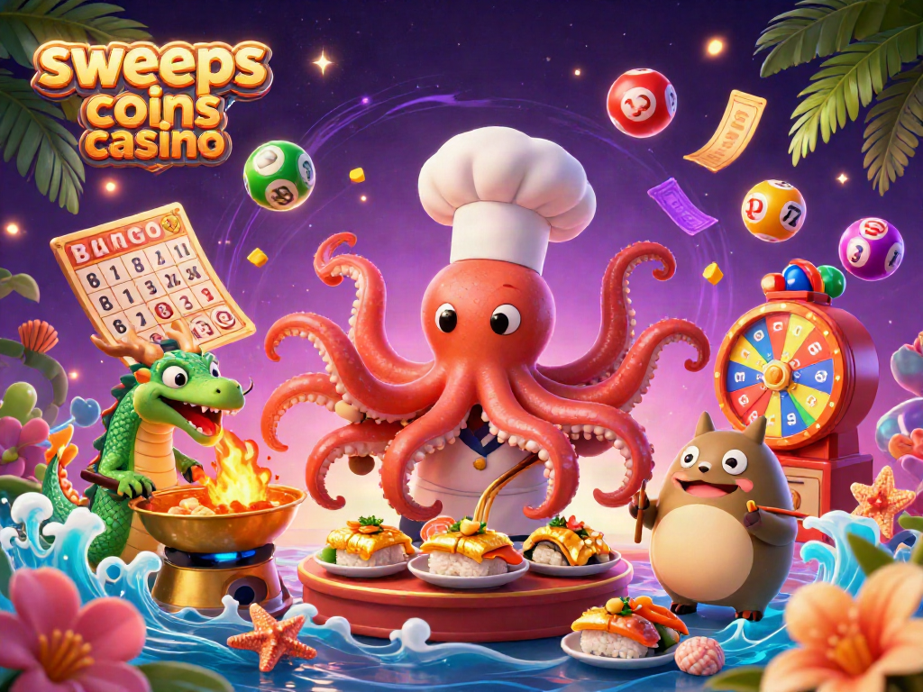 Engage in the excitement of sweeps coins casino with a dynamic 3D illustration of a sushi chef octopus and friends.