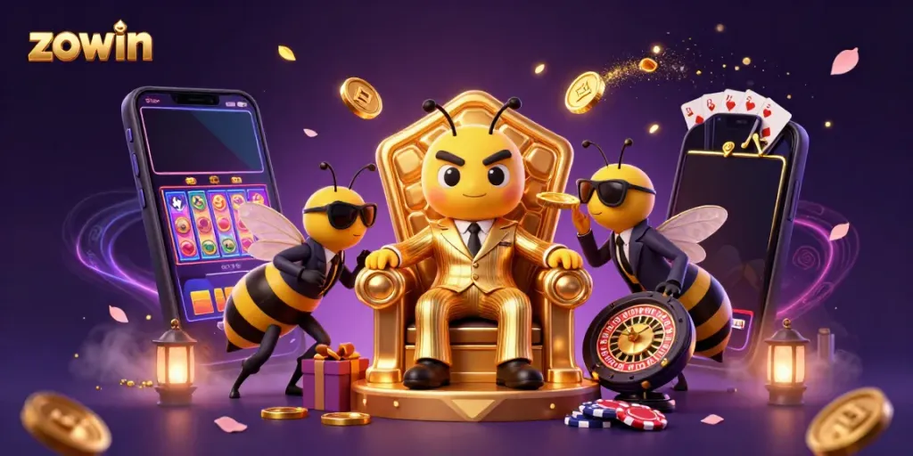 Zowin casino scene featuring a bumblebee mob boss, games, and golden coins erupting
