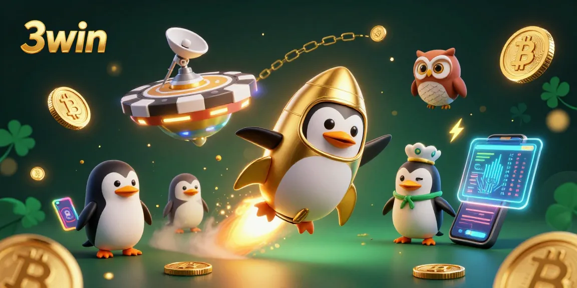 Experience the thrill of 3win with a golden penguin soaring through a cryptocurrency cosmos.