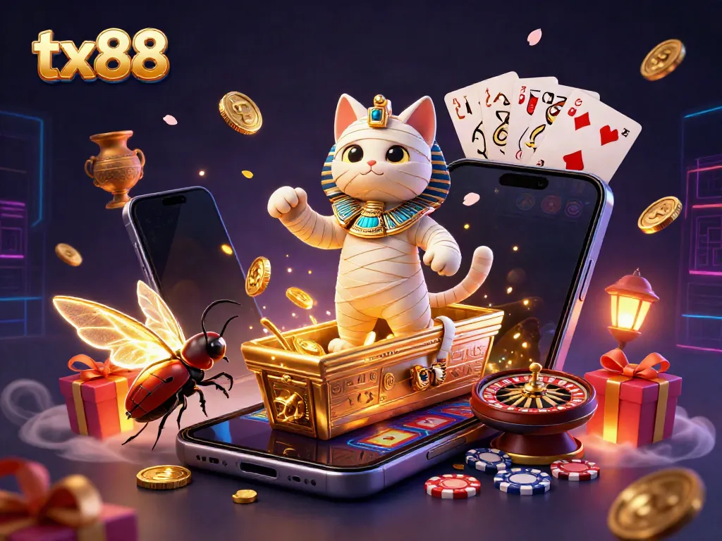 Experience tx88 casino thrills with a 3D mummy cat and scarab beetle amidst dazzling game elements.