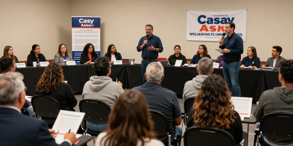 Casey Askar engaging with voters at a town hall meeting emphasizing transparency and accountability.