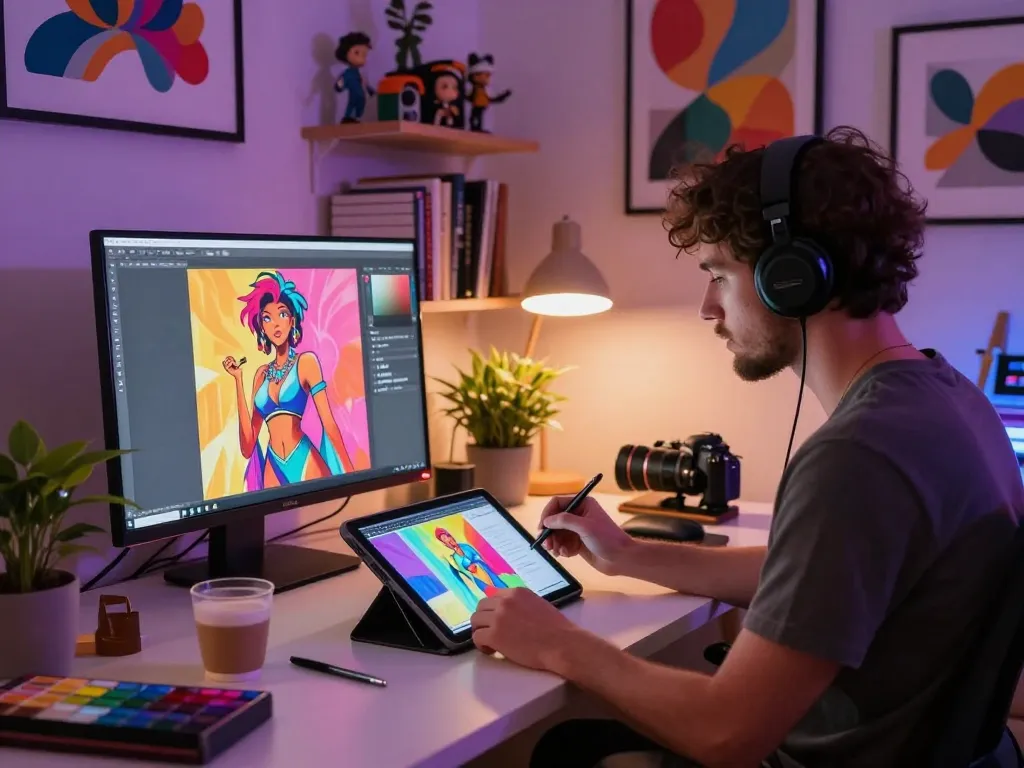 Creating digital NSFW character art in a vibrant studio environment