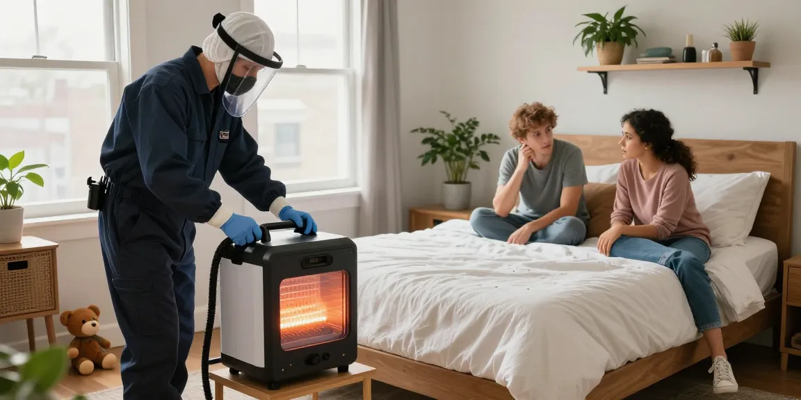 Bed bug pest control expert providing treatment in a cozy Milwaukee bedroom, ensuring safe and effective extermination.