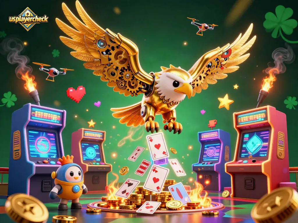 Usplayercheck casino illustration featuring a cybernetic eagle amidst arcade machines and holographic cards.