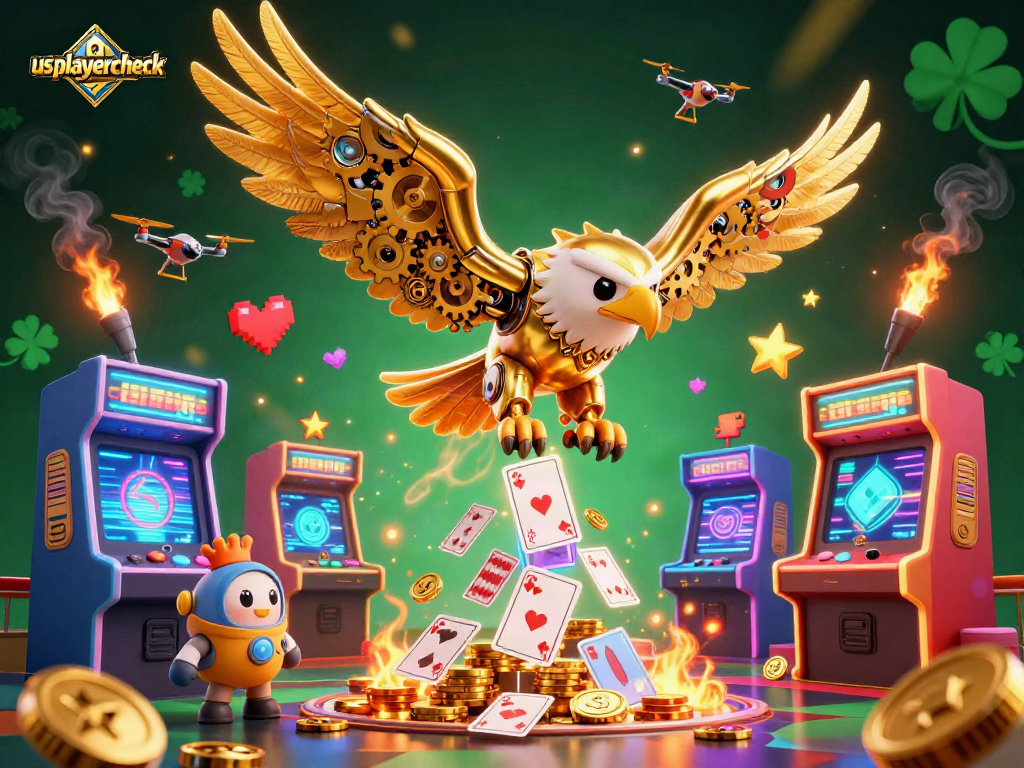 Usplayercheck casino illustration featuring a cybernetic eagle amidst arcade machines and holographic cards.