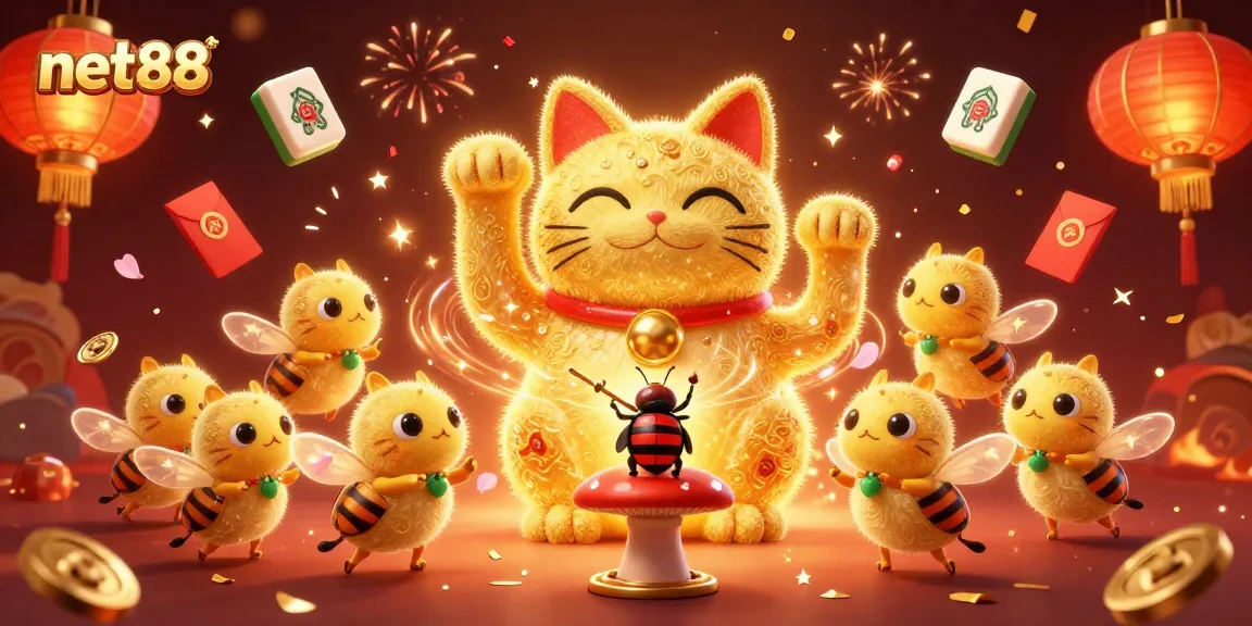Engage with net88's vibrant casino world featuring a waving lucky cat and festive elements.