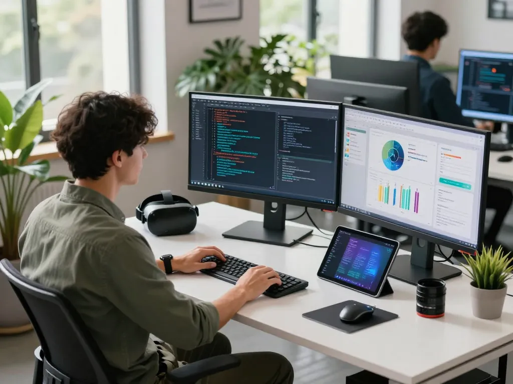 Dynamic digital workspace featuring AI programming and coding elements, representing sex ai technology in creative design.