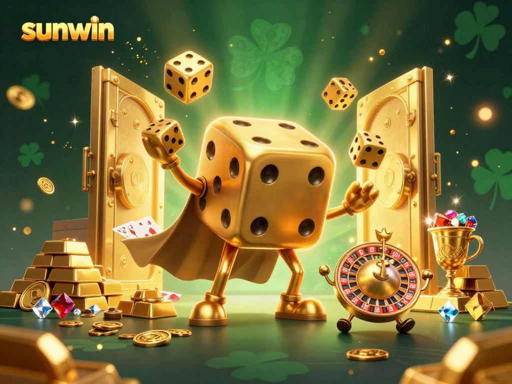 Engage in thrilling gaming at sunwin, as a golden dice golem juggles winnings amid sparkling jackpots.