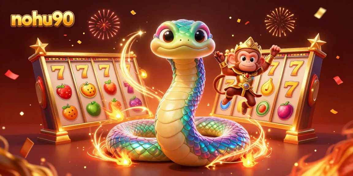 Experience the excitement of nohu90 with a vibrant 3D illustration showcasing slots and dynamic characters.
