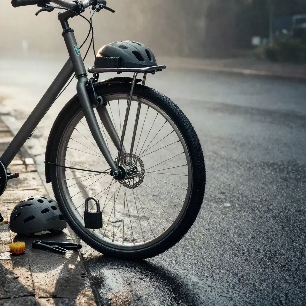 Matte graphite commuter bike with wet gear in misty dawn light