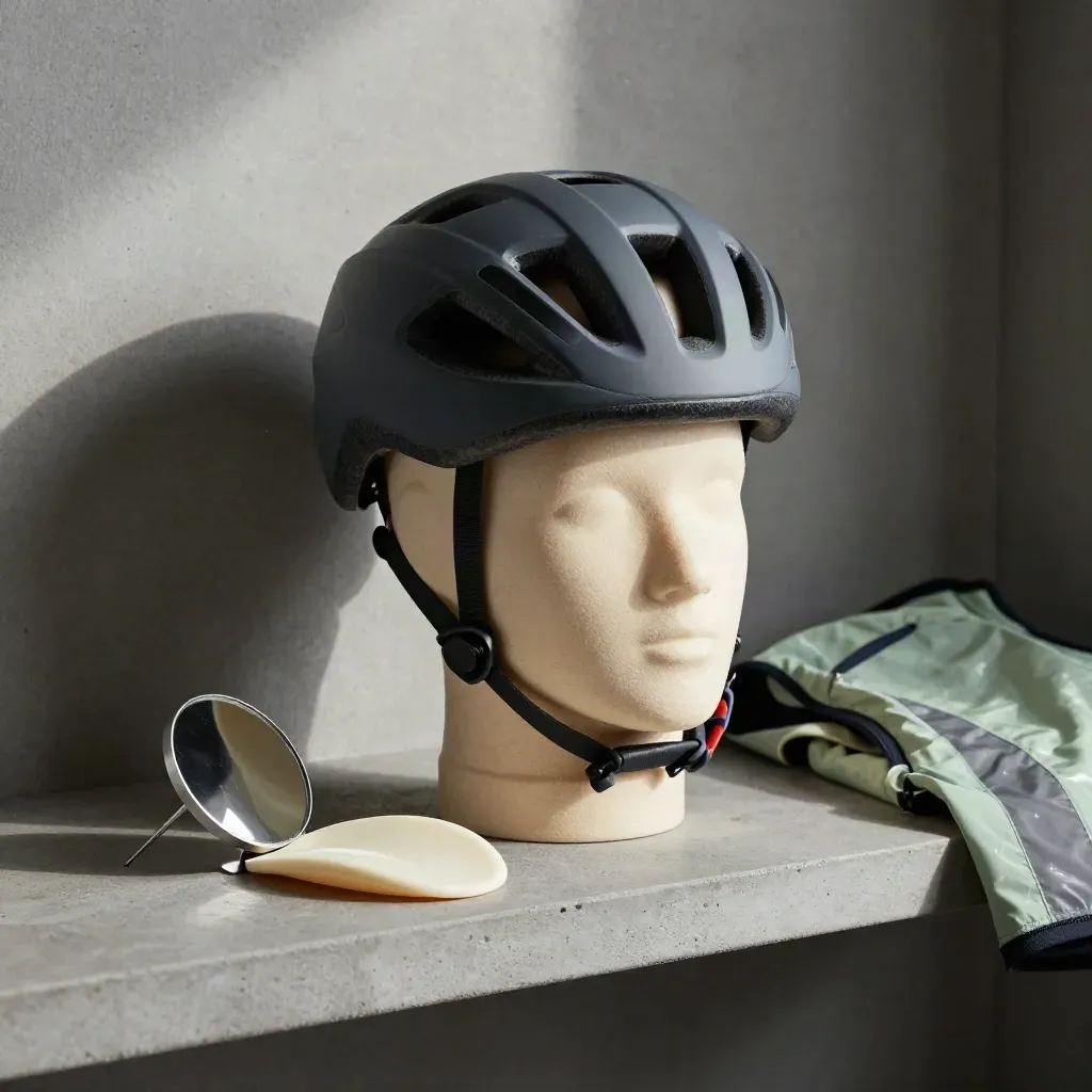 Matte helmet on foam head form with cheek pads, mirror, and folded reflective vest in soft haze
