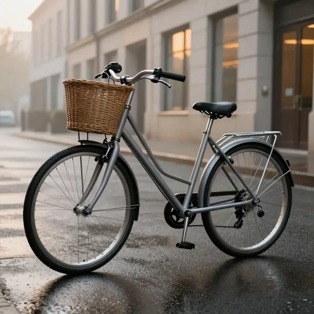 Steel city bike with basket beside a misty protected lane at dawn.