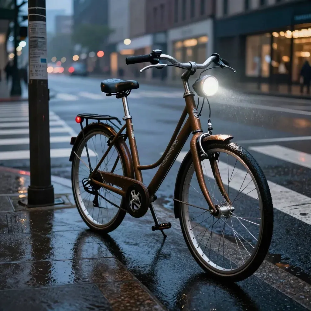 City bike with lights and reflector beside a wet crosswalk at dusk