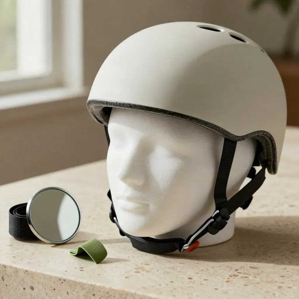 Bike helmet on foam head form with straps and mirror on travertine