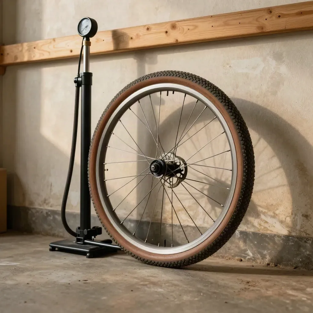 Hybrid bike wheel and floor pump beside a garage wall, tire inflating in warm afternoon light.