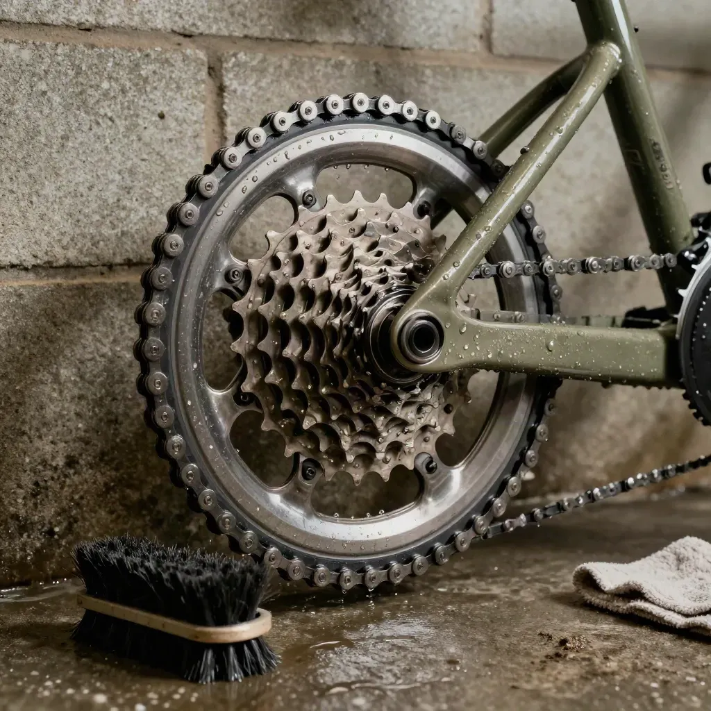 Wet bike chain and cassette being cleaned on a repair stand in a dim basement