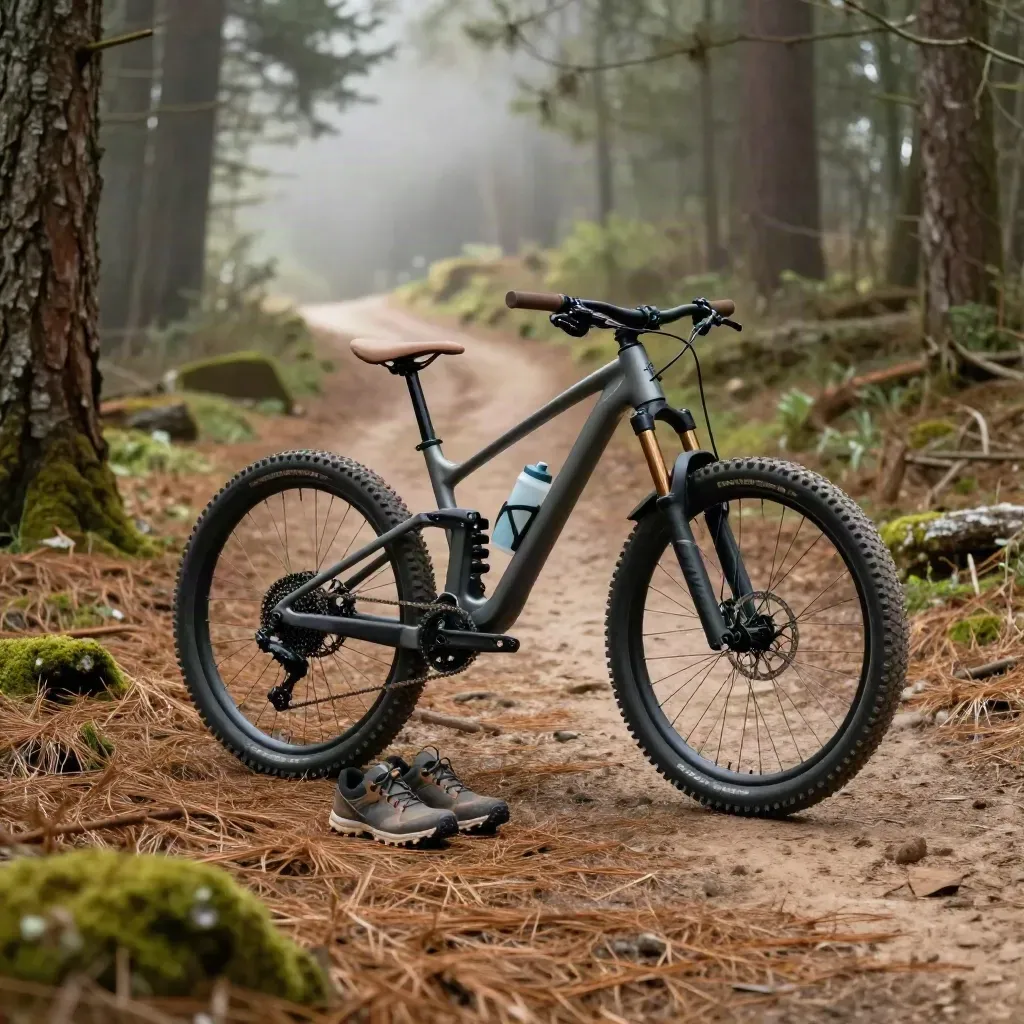Trail bike with shoes and water bottle at a misty forest trailhead