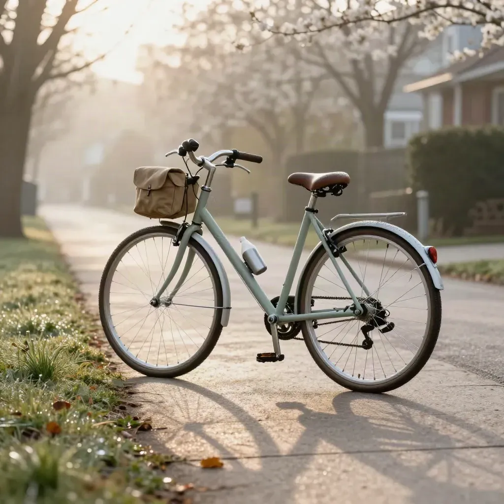 Step-through bike on misty greenway with bottle and saddle bag in soft morning light