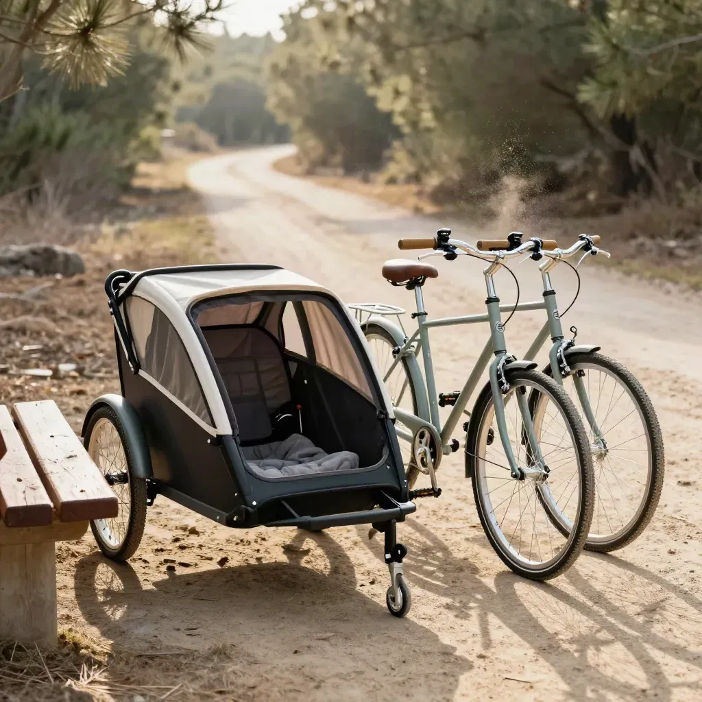 Two bikes with a child trailer at a sunny trailhead beside a picnic bench