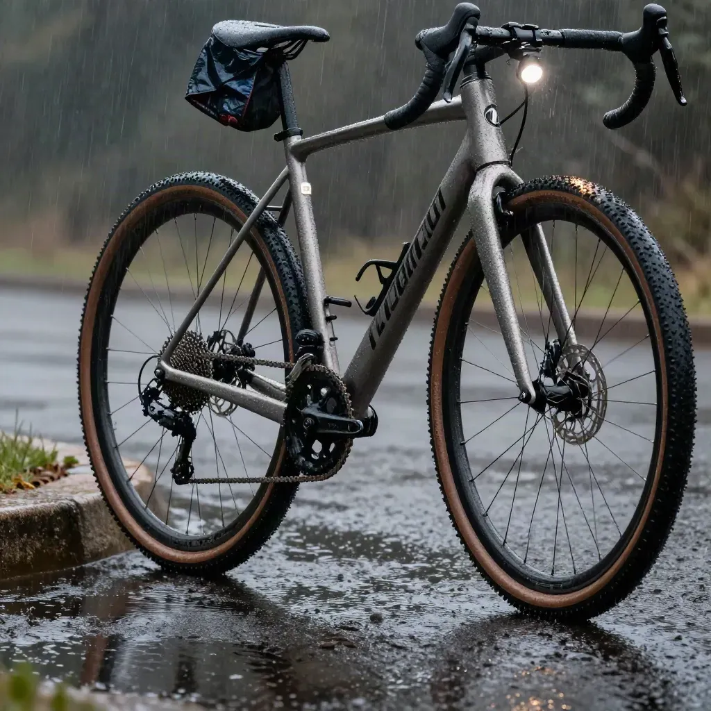 Rainy gravel bike at curb with fender and rain shell, glowing in misty puddle reflections.