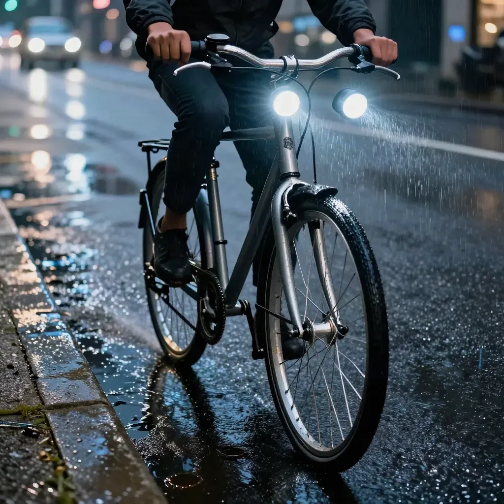 Night bike with blazing lights, wet tires and spoke reflectors in rain