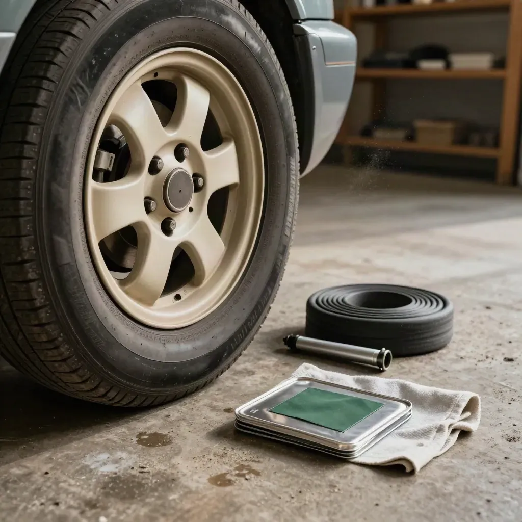 Flat tire repair gear on a garage floor: wheel rim, patch kit, spare tube, and pump in warm haze.