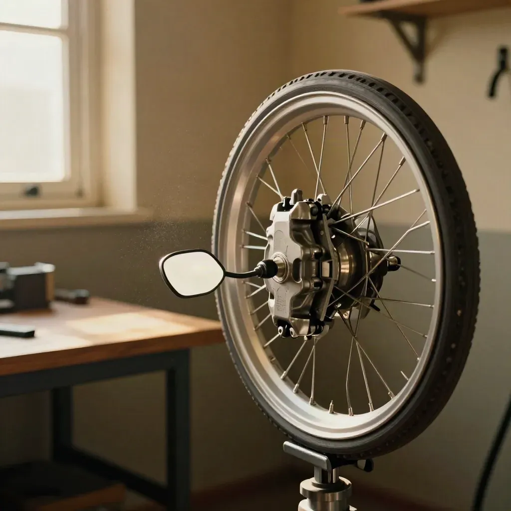 Brake caliper and rim on a bike stand in a warm, dusty workshop close-up.