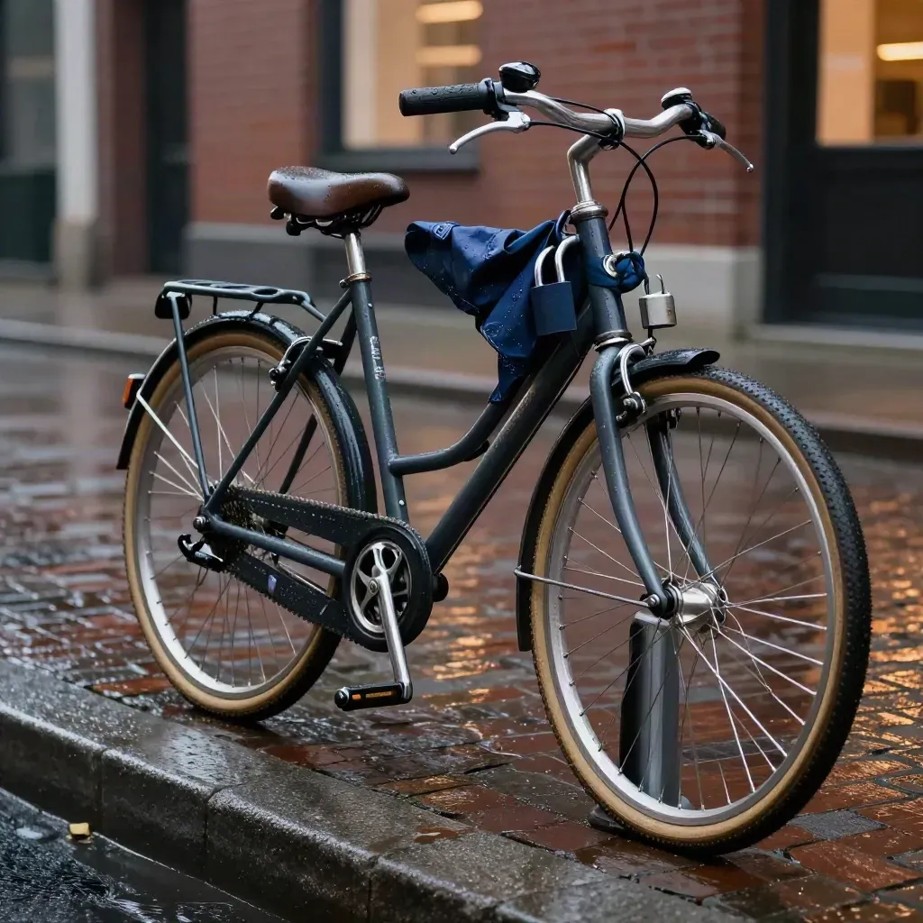 Locked city bike by a curb with a heavy U-lock and damp evening glow