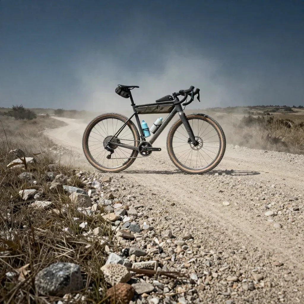 Gravel bike on a dusty trail shoulder with heat shimmer and open country beyond