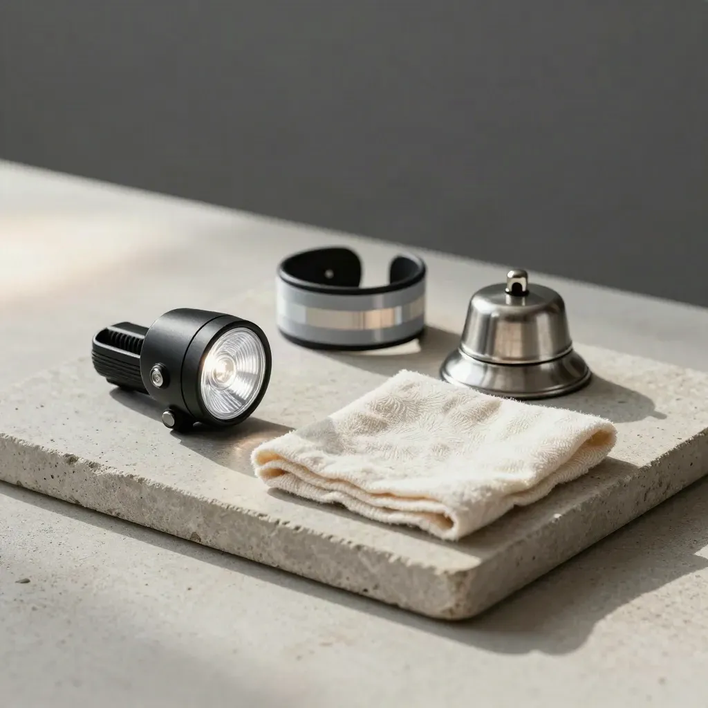 Bike rear light, reflective cuff, bell and cloth on a stone tray for commuter safety