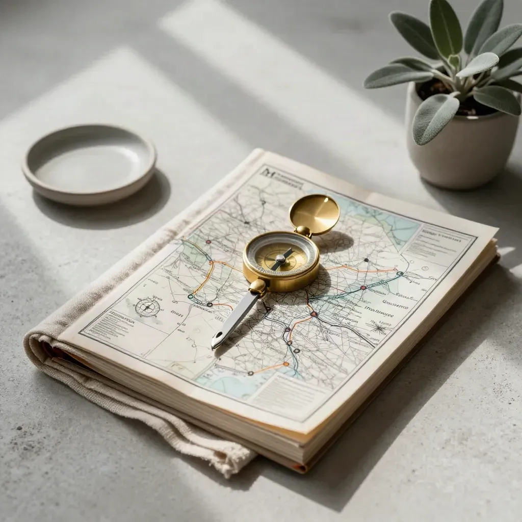 Brass compass on a route-planning atlas with linen, dish, and potted plant overhead