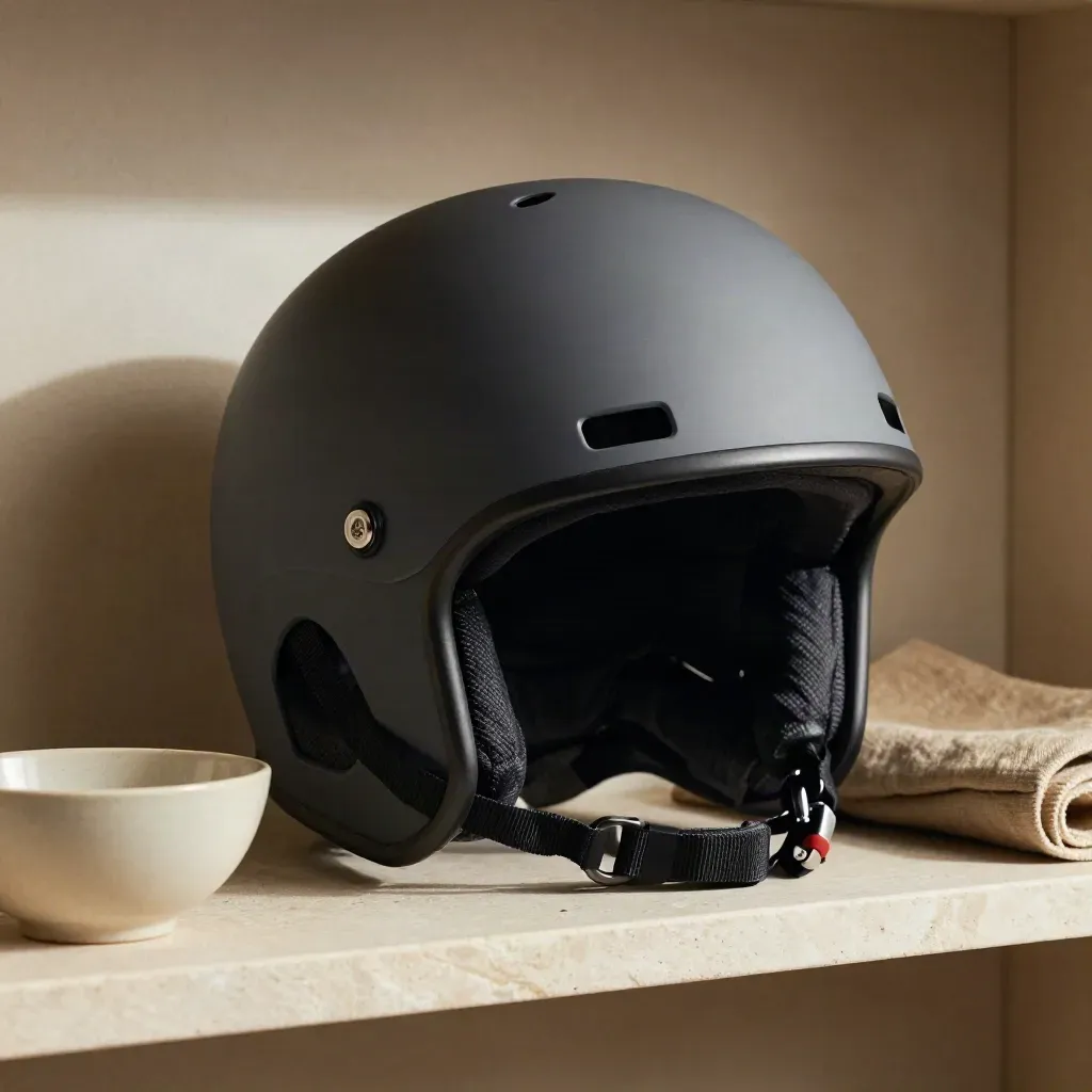 Matte commuter helmet, U-lock and rain cover on a pale stone shelf with bowl and folded cloth.