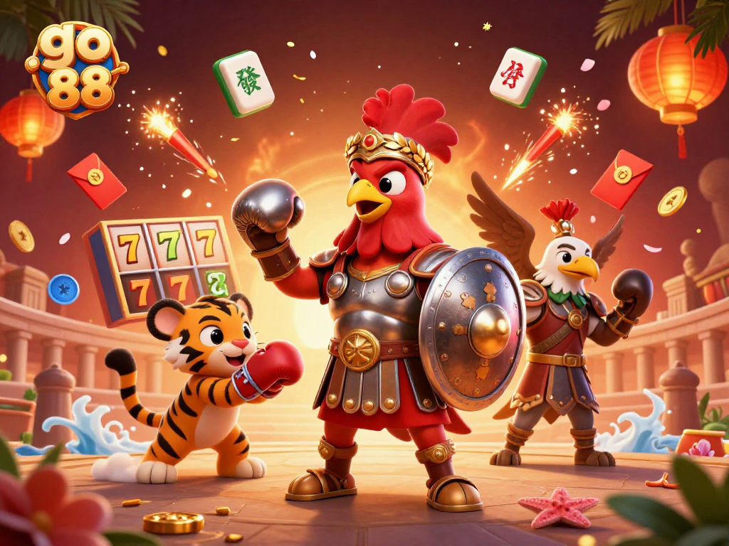 Experience the excitement of go 88 slots with a colorful 3D illustration showcasing a cartoon rooster and vibrant elements.
