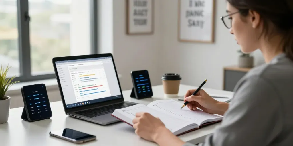 Workspace with a professional reviewing ROKOK88 metrics and habit tracking tools.