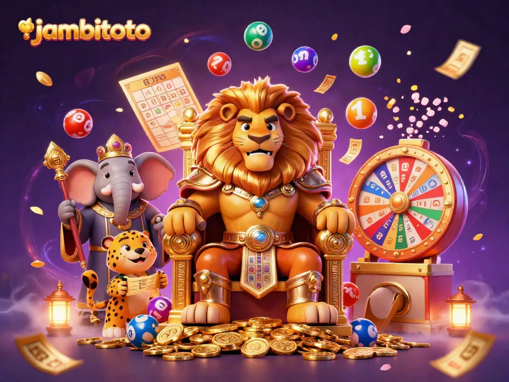 Play an exciting game with jambitoto amidst colorful lottery elements and royal characters.
