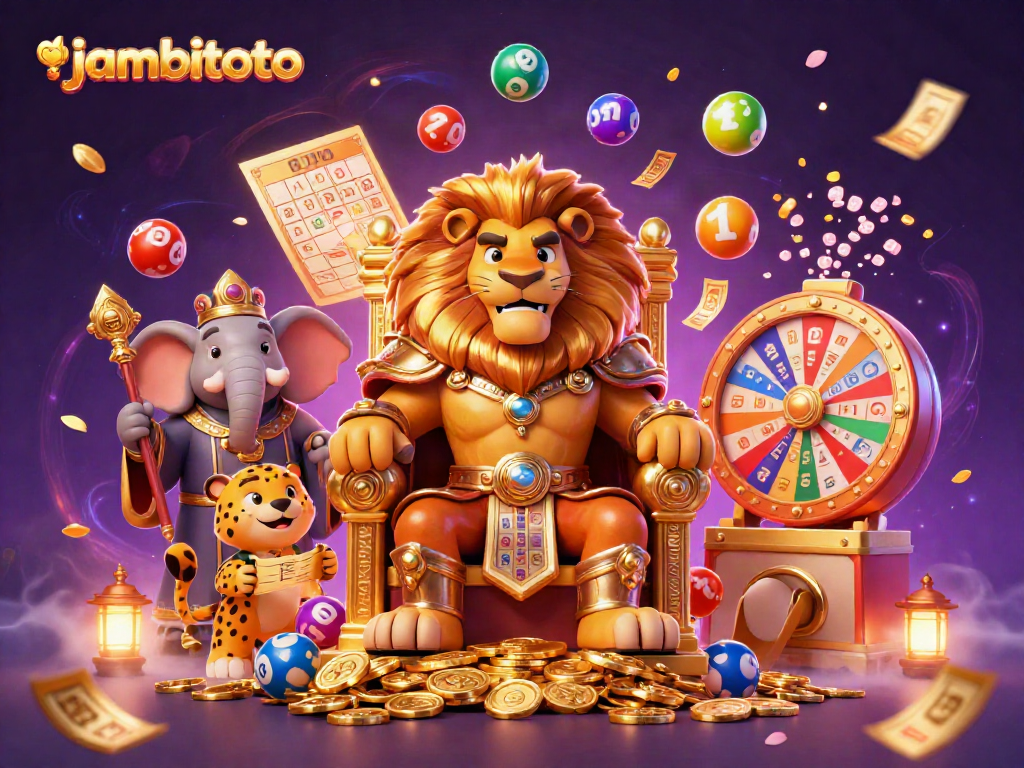 Play an exciting game with jambitoto amidst colorful lottery elements and royal characters.
