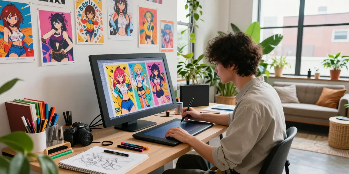 Creating unique ai ecchi artwork in a vibrant digital art studio with an artist at a graphics tablet.