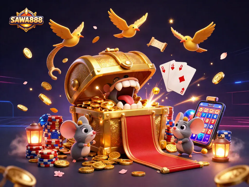 SAWA888 captivates gamers with a vibrant 3D treasure chest scene filled with casino riches.