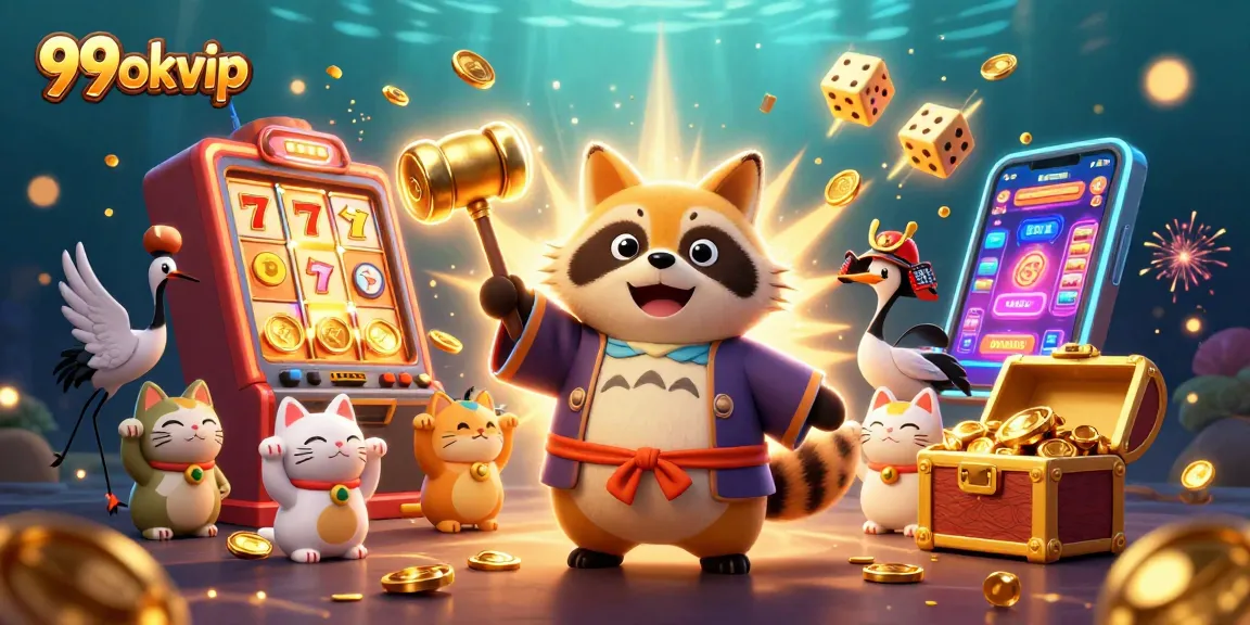 Enjoy thrilling casino adventures with 99okvip, featuring joyful tanuki, cranes, and lucky symbols.